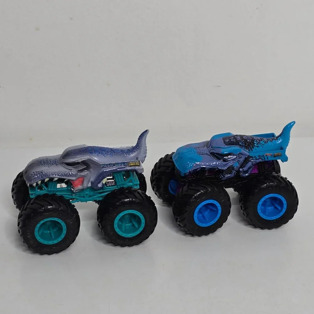 2 Hot Wheels Mega Wrex Monster Jam Trucks Lot Dinosaur 1:64 Blue Diecast